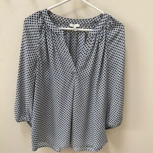 Joie silk navy blue & white v neck 3/4 sleeve blouse size S